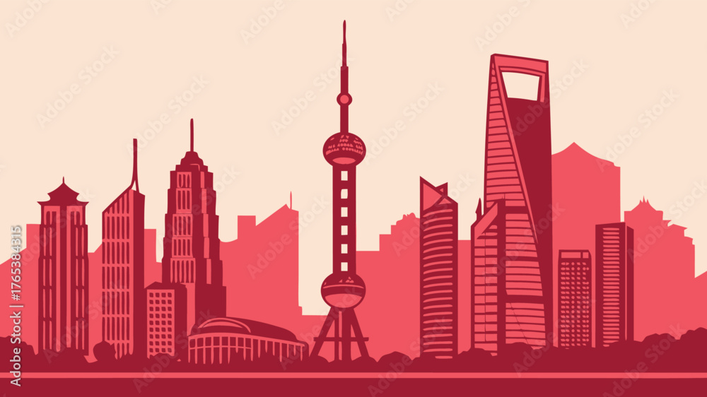 Fototapeta premium A skyline illustration of shanghai with prominent skyscrapers and the oriental pearl tower in silhouette