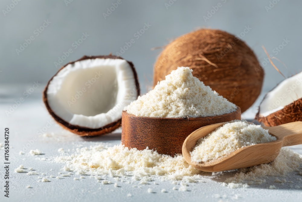 Fototapeta premium Freshly grated coconut in a bowl with a wooden scoop and coconut halves on a light surface