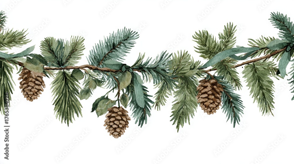 Fototapeta premium Christmas garland made of fir, pine cones and bows depicted in watercolor