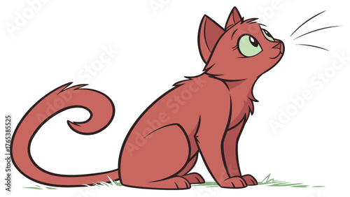 A cartoon cat with red fur sitting and looking up with a curled tail and whiskers on a white background