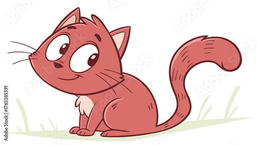 A charming cartoon cat with a reddish hue sitting gracefully on a patch of grass against a white background