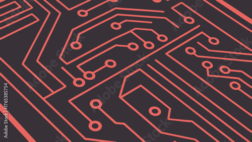 A detailed close up of a red and black circuit board pattern with intricate lines and connections visible clearly