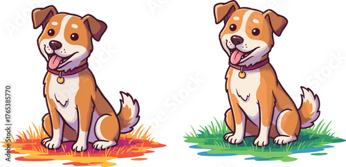 Cartoon dog illustration, happy pet, seasonal background, autumn leaves, green grass, cute puppy, fluffy tail, collar, sitting pose, cheerful expression