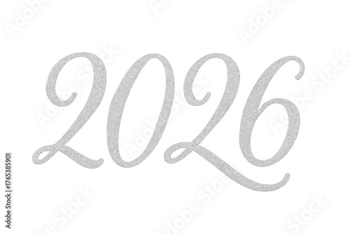 Year 2026 glittering silver script typography on transparent
