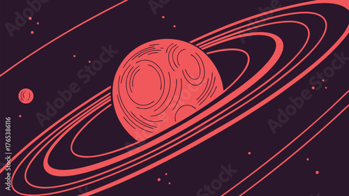 A stylized illustration of a red planet with rings and stars against a dark purple background design art