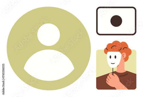 Large user silhouette, person holding theatrical mask concealing face, rectangle object with dot. Ideal for identity, privacy, anonymity, online presence, social networking, self-representation