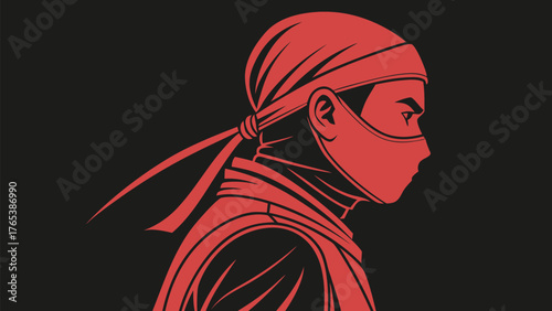 A red toned illustration of a ninja with a bandana and mask in profile against a black background art