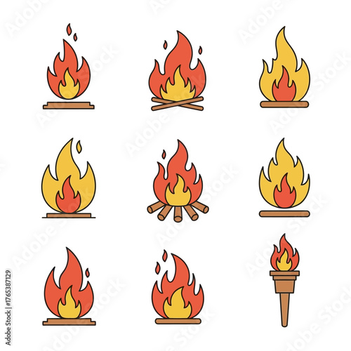 Colorful collection of cartoon fire flame and bonfire icons.