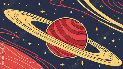 A stylized illustration of saturn with rings surrounded by stars and cosmic purple wave backgrounds art