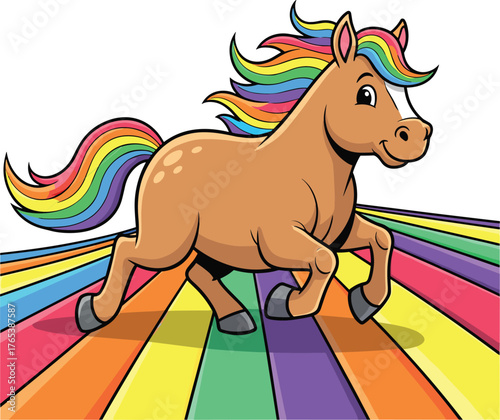 Cartoon horse, rainbow mane, colorful tail, trotting animal, vibrant background, cheerful art, children illustration, fantasy creature, playful design, cute pony