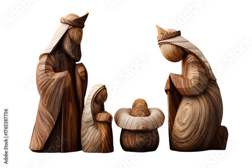 3D Carved Wooden Nativity Set with Handcrafted Details and Soft Ambient Light, Artistic Faith Symbol, Isolated on Transparent Background.