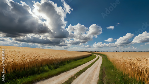 road winding through golden wheat fields, blue sky and fluffy white clouds above