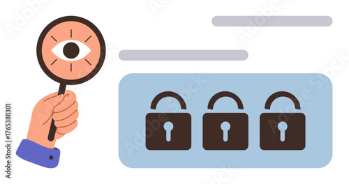 Hand with magnifying glass and eye examining three closed padlocks. Ideal for security, privacy, protection, surveillance, investigation, encryption, data safety. A simple flat metaphor