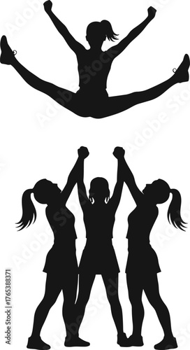 Cheerleading, silhouette, stunt, teamwork, athletic, jump, toe touch, elevated pose, coordination, strength, performance, dynamic, motion, girls