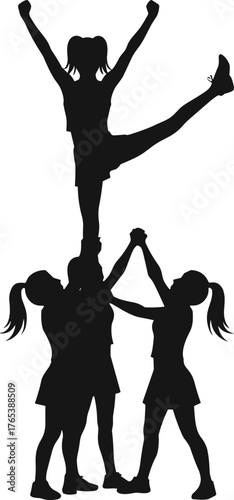 Cheerleading, silhouette, stunt, teamwork, balance, athletic, girls, ponytail, support, formation, elevated, pose, coordination, strength, performance, dynamic, sports, acrobatics, unity, motion