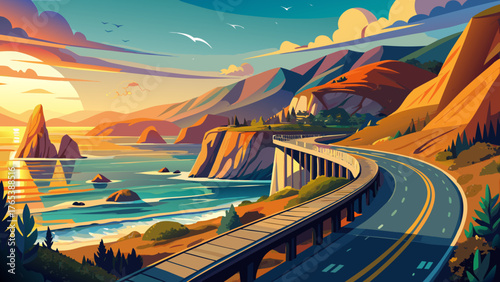 Very beautiful scenic coastal drive along the golden California Pacific cliffs during golden hour, symbolizing freedom, adventure, and unforgettable road trips filled with sunlight, ocean breeze, and 