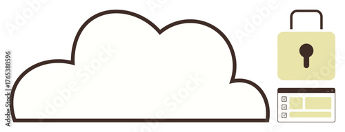 Cloud graphic connected to a secure lock and data interface highlights online safety, encryption, access control, and data privacy. Ideal for cybersecurity, storage, and digital platforms. Simple