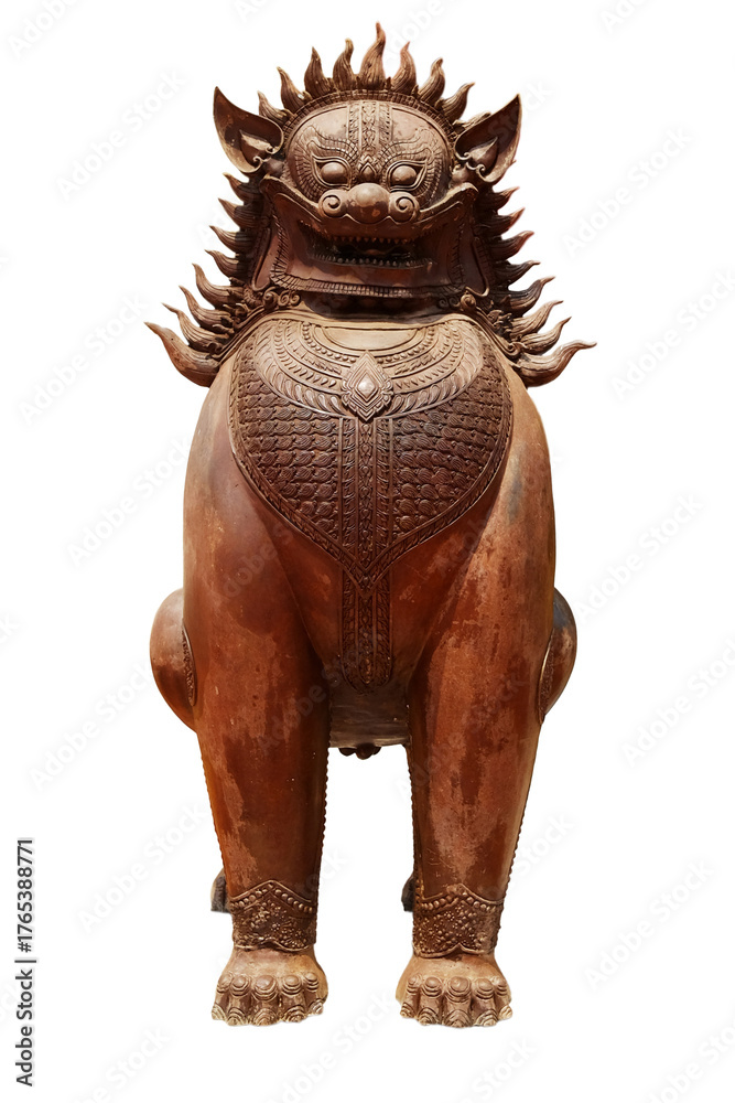 Fototapeta premium Wooden sculpture of a lion decorated of art in front of at Ancient pagoda of buddhism in Thailand