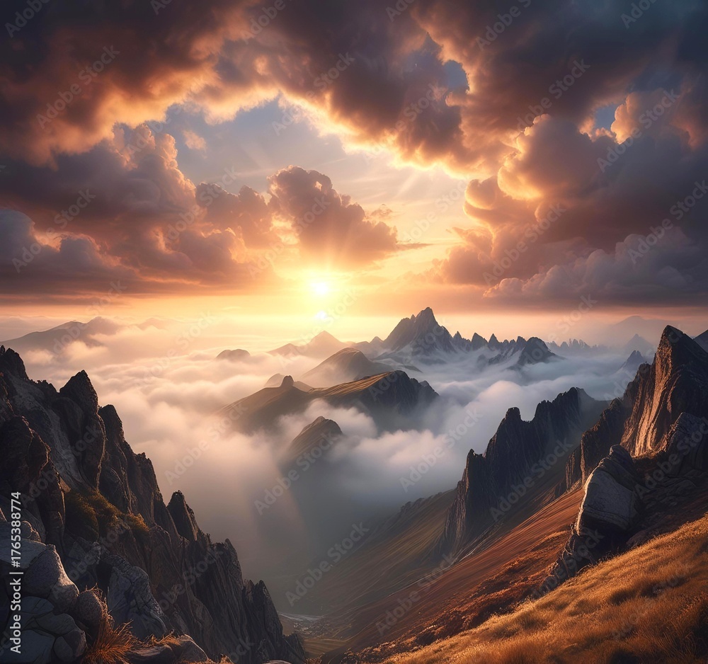 Fototapeta premium Epic view of mountain ridge above clouds, dramatic sunlight