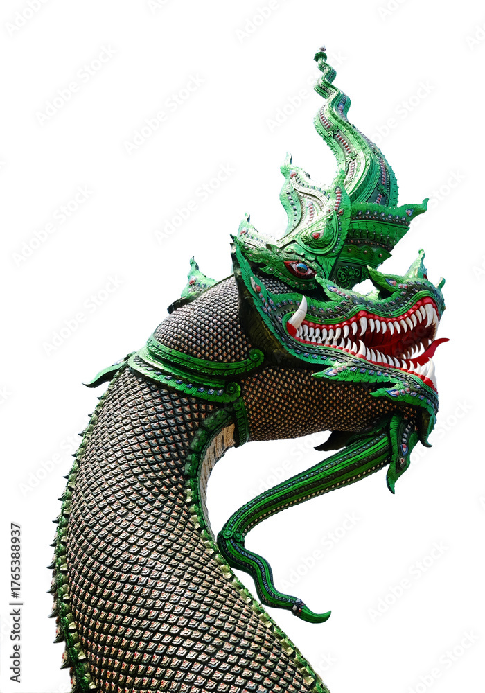 Obraz premium Beautiful green Naga statue and ancient stucco art in front of at Ancient pagoda of buddhism in Thailand