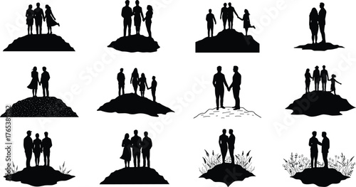 Couple silhouette on hill, romantic pose, family love, nature background, peaceful moment, black shadow art, emotional connection, minimalist design