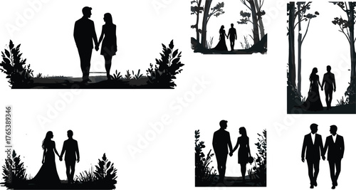 Couple walking silhouette, romantic nature scene, peaceful forest path, love in motion, black shadow art, emotional connection, serene outdoor moment