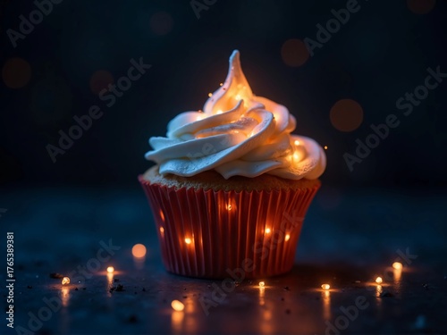 A single, frosted cupcake glows with warm, embedded lights against a dark, bokeh-filled background, creating a magical and festive atmosphere.