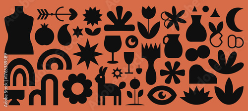 Abstract Mid Century Modern Shapes and Silhouettes on Terracotta Background illustration