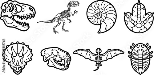 Line Art Paleontology Dinosaur Fossils and Prehistoric Skeleton Icon Set