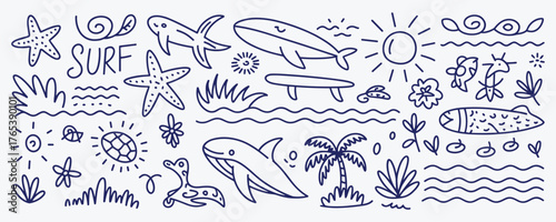 Hand Drawn Blue Doodles of Surfing Beach and Ocean Life on White Background vector illustration