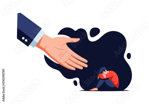 Mental Health Support & Crisis Intervention: Large Hand Offering Help to Distressed Man Vector