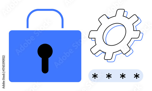 Blue padlock, white gear with outline, and a password row symbolize protection, technology, privacy, encryption, authentication, system settings and secure access. Ideal for cybersecurity IT