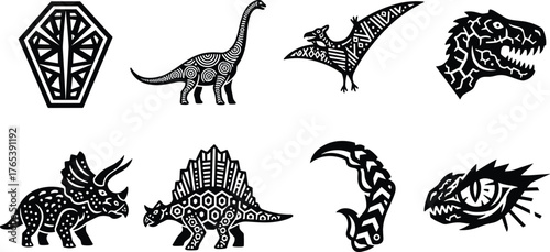Tribal Pattern Dinosaur and Prehistoric Reptile Silhouette Icon Set