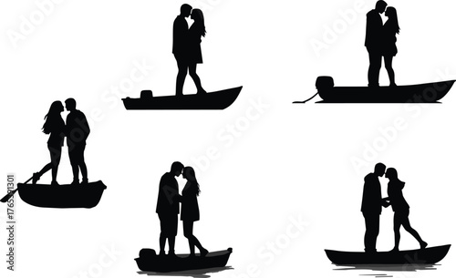 Romantic couple silhouette on boat, love on water, serene embrace, peaceful lake, sunset mood, intimate moment, black shadow art