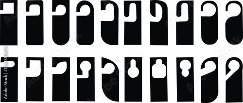 PrintDoor hanger , disturb template. Hotel tag silhouette, set sign, blank. Die empty label hanger , door hotel room. Cardboard signs isolated , background, isolated on transparent background