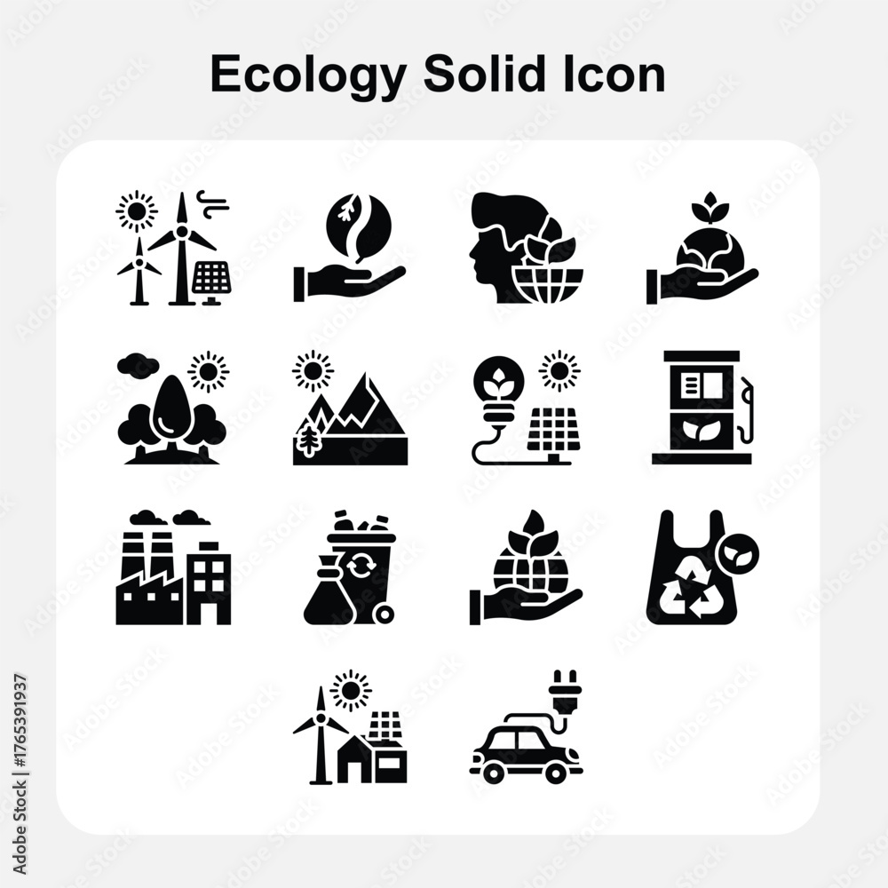 Naklejka premium Renewable Energy and Green Nature Conservation Icons Solid Set 2