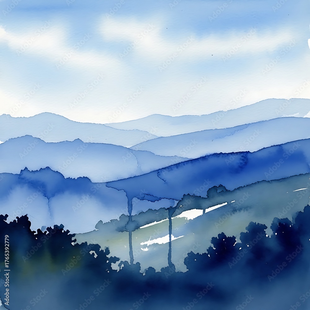 Fototapeta Watercolor Mountain Range Landscape in Blue Hues.