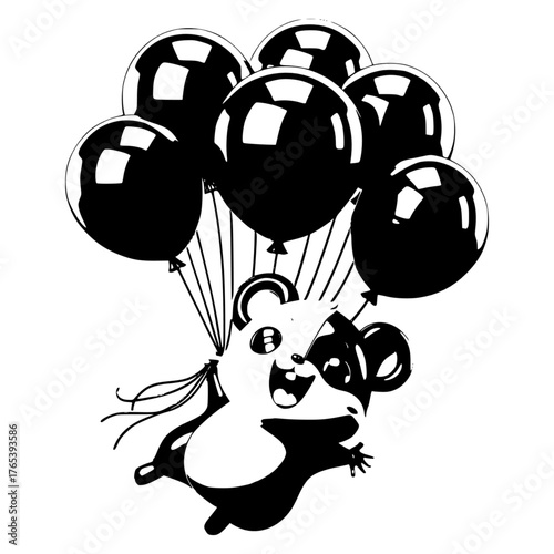 Happy Hamster Flying with black Balloons vector icon with transparent background 