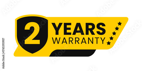 Modern 2 years warranty badge vector design in yellow and black with shield. Guarantee label icon logo for product packaging, advertisement, and marketing use