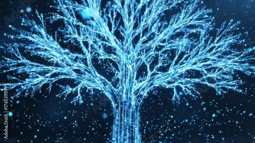 A mesmerizing digital animation of a glowing tree made of neon blue light particles, standing in a futuristic night environment.