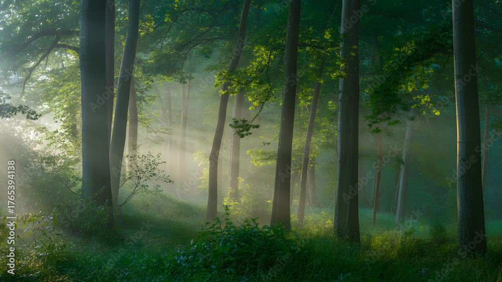 Fototapeta premium Misty Morning Forest with Sunlight Streaming Through Tall Trees and Serene Green Nature