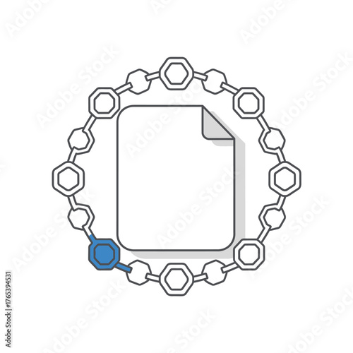 Abstract representation of a digital document secured within a decentralized blockchain network for secure data management and integrity