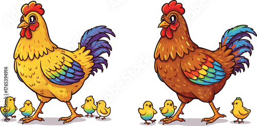 Cartoon chickens with chicks, colorful feathers, farm animals, cute illustration, side-by-side comparison, kids activity, playful, fun, art, educational