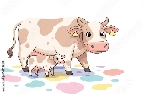 Cartoon cow and calf, cute farm animals, colorful background, playful illustration, expressive eyes, pink snouts, standing pose, cheerful scene