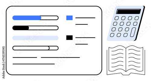 Progress bars highlight analytics. Calculator represents numbers, open book signifies learning or documentation. Ideal for finance, education, research, data, organization, productivity simple flat