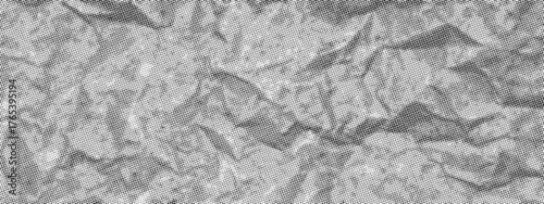 Vector old paper background. Retro halftone effect. Crumpled sheet template. Rough grungy wrinkled overlay. Aged gritty dusty dark grey page mockup. Distressed snow peaks mountain range collage bg