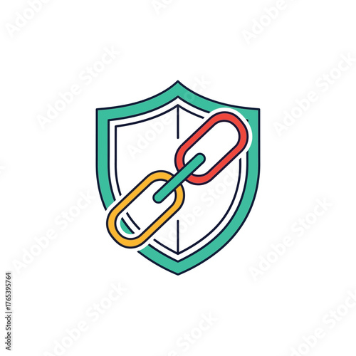 Creative vector graphic depicting a secure chain link inside a shield, symbolizing protected digital connections, network security, and data integrity for online safety