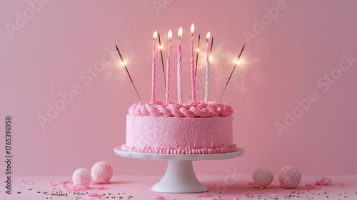 A beautifully decorated pink birthday cake with lit candles on top, placed on a white cake stand against a soft pink background, creating a festive atmosphere for celebrations