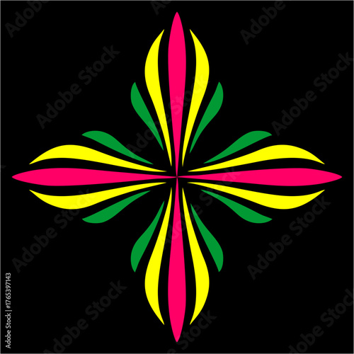 A vivid four-petal design merging red, yellow, and green hues, symbolizing unity, balance, and the harmony of vibrant life.