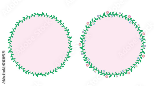 淡いピンクの背景に緑の葉と小花をあしらったかわいいフラワーフレーム。明るく優しい色合いで、春・母の日・ウェディング・メッセージカードなどに使える華やかなベクターイラスト素材。